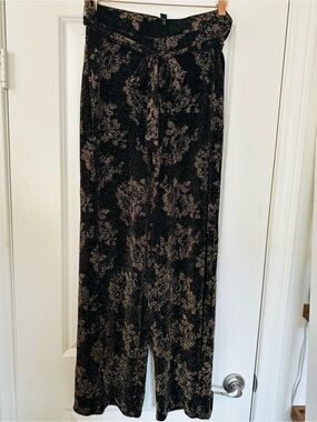 Sparkle Black Gold Metallic Wide Leg Tie Waist Pants Size Large